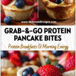 Close-up of fluffy pancake muffins topped with fresh fruit for an Easy Meals With Protein breakfast.